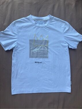 Jack & Jones White Tee with Gray Square, Yellow Crown & Basquiat Script